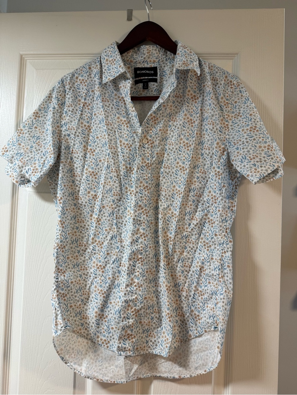 Bonobos Short Sleeve Button-Up Shirt in White with Blue & Tan Floral Print